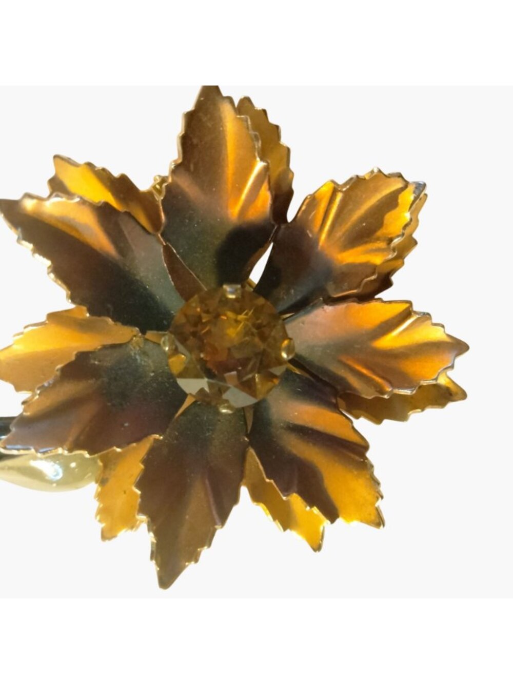 Flower Brooch Amber Rhinestone Vintage Gold Toned Enamel Stem - Picture 3 of 6